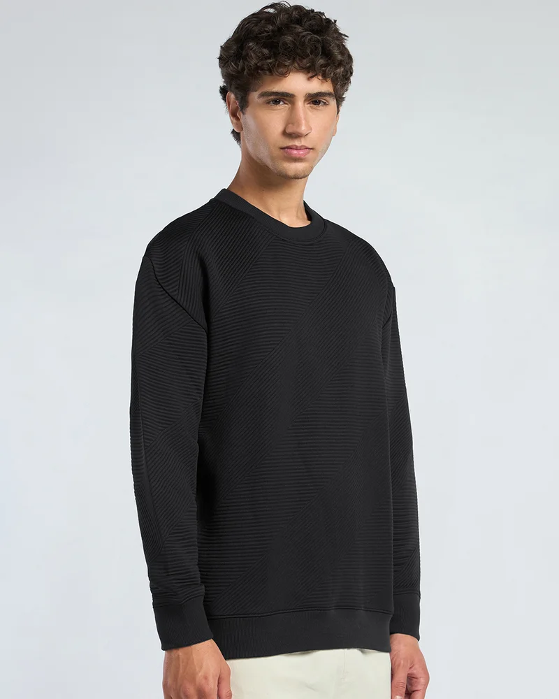 bewakoof Men's Black Textured Oversized Sweatshirt